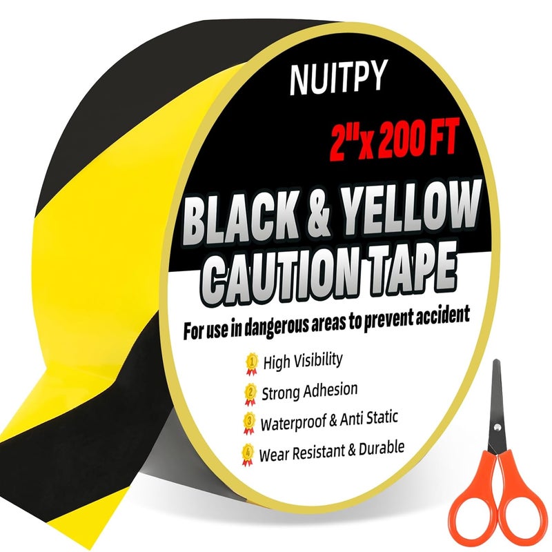 NUITPY 2'' x 200 FT Black & Yellow Caution Tape Roll, Safety Tape, Black & Yellow Floor Marking Tape, High Adhesive Hazard Tapes for Floors, Walls, Staircase, Pipes, Equipment, Dangerous Area - Image 1